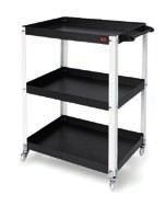 Very robust service trolley with three shelves, two large wheels (Ø 160 mm) and two castors (Ø 100 mm), one of them with brake for better stability and safety.