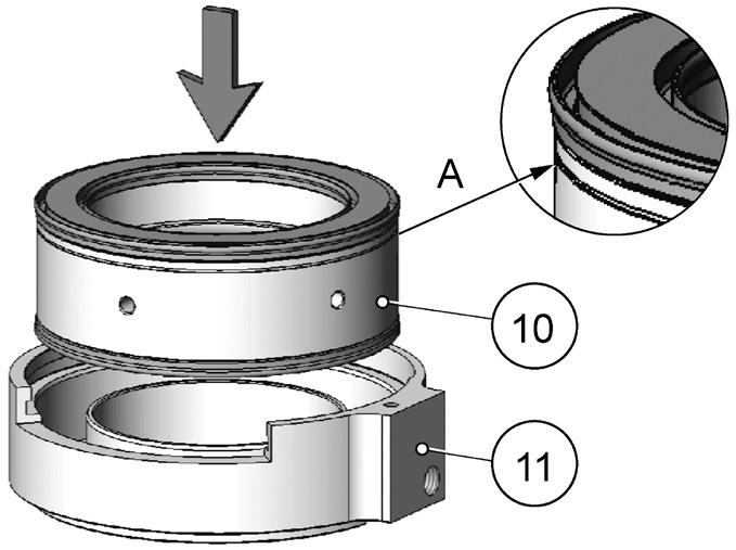 1) Lubricate the piston sealing (9) with hydraulic oil or white grease.