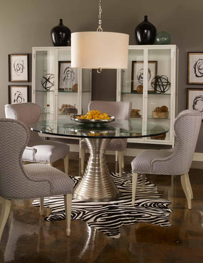 Front to Back: V424S Ava Side Chairs (4). Fabric: Riptide Grey. Nail Trim: optional* #9 in Nickel (outback, base). Finish: Milk Paint. P752B-AS Willow Dining Table Base.