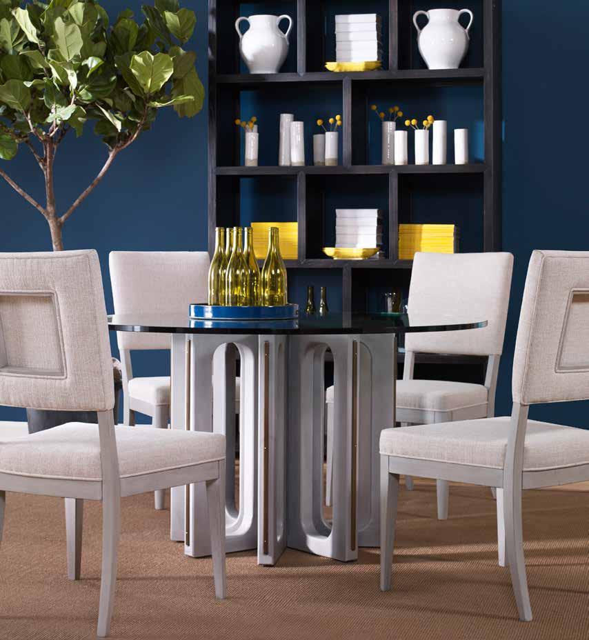 Left to Right: T2V12-CH Juliet Dining Chairs (4) (Stocked Performance Dining). Fabric: Nate Alabaster. Finish: Dove Gray. P763B Sexton Dining Table Base. Finish: Dove Gray. Satin Brass Metal Accents.