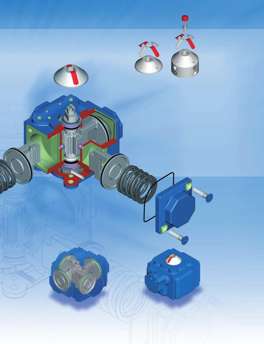 Visible position indicator with coloured arrows and a high profile puck for limit switches pistons symmetrically driving a central pinion with a balanced construction eliminates side loads ISO or DIN