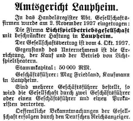 The announcement from the Laupheimer Verkündiger, dated Nov. 4, 1927, confirms that Max Friedland was in the film business.
