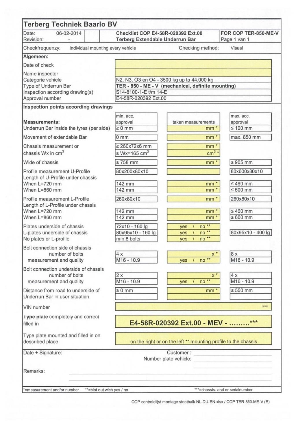 Underrun bar Version 2015-3010-01-EN 11. CHECKLIST ACCORDING TO COP ECE R58 Fill in this checklist to keep the mounting data registered for filing.