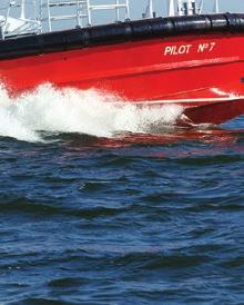 The bow is deep and slender for high speed and fuel efficiency, yet the propeller tunnels are designed to