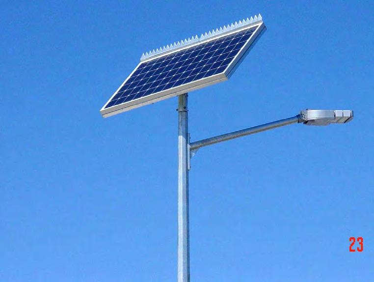 GFS-200 Simply the most reliable, robust, virtually unbreakable, solar street lighting system 5,610/30W, 11,200/60W, 14,025lm/75W Lumen Options (6Hrs 100% Dim to 13W) Adjustable Angled Head With