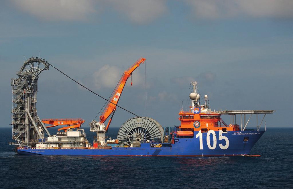 Lay Vessel North Ocean 105 High-capacity, rigid-reeled vertical pipelay vessel, with 3000-ton payload reel capacity for subsea construction and installation and deepwater moorings installation.