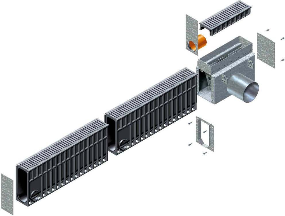 1 RECYFIX MONOTEC channels made of modified polypropylene, according to DIN EN 1433, CE-conform. 2 Trash box made of galvanised steel with pipe connection possibility DN 200.