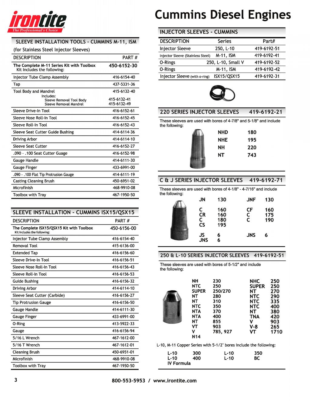 Cummins Diesel Engines INJECTOR SLEEES - C U M M I N S SLEEE INSTALLATION TOOLS - CUMMINS M-11, ISM (for Stainless Steel Injector Sleeves) PART # DESCRIPTION The Complete M-11 Series Kit with Toolbox