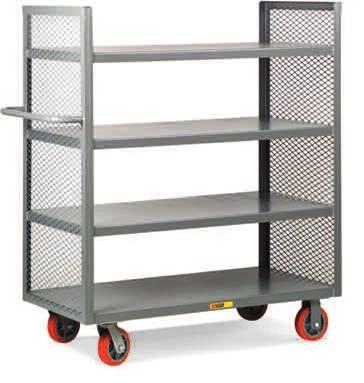 capacity 6" polyurethane casters Double-sided truck allows two-way access to materials. 48"H expanded metal sides. Non-marking quiet casters 2 swivel, 2 rigid. All-welded. Made in usa.