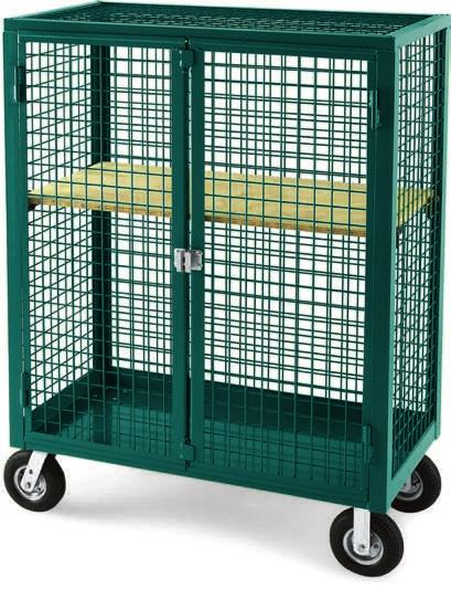 Doors include four heavy-duty greasable hinges. 20-lb. capacity shelves are available in 14-gauge steel or 3 /4" layered wood. two swivel, two rigid casters. Painted finish. Padlock not included.