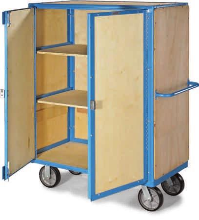 User-friendly features include side drop gate and double-hinged cover that fold down and back. Padlock hasp (lock not included). Interior height: 36". Rolls on 2 swivel, 2 rigid casters. Color: blue.