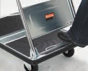 Handle folds down by simply pressing the foot-operated folding mechanism. Rubber casters 2 rigid, 2 swivel. IN STOCK. INTRODUCTORY PRICING!