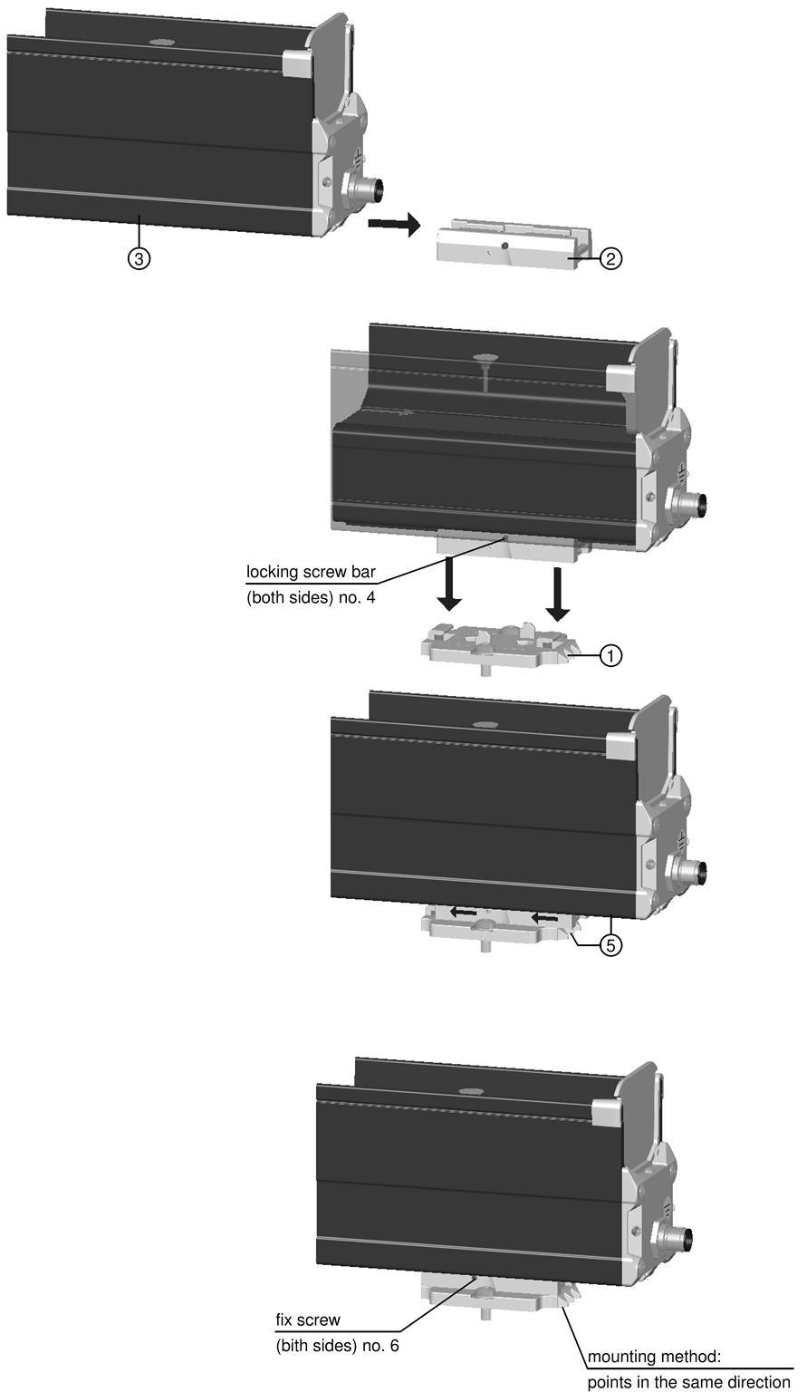 5.4 Mounting ThunderION (slide bracket) Figure 5: Mounting with slide bracket 5.4.1- Mount the anti-static bar using the mounting materials provided: (see fig. 3, 4 and 5) 5.4.2- Mount the feet (nr.