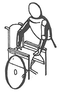 This may be made easier by tilting the wheelchair sideways slightly, so that one rear wheel is clear of the floor.