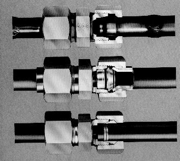 The top one shows the type with a compression ring or olive. The middle one shows the type with a flared end on the pipe. The bottom one shows the type with a welded nipple. Figure 8 5.