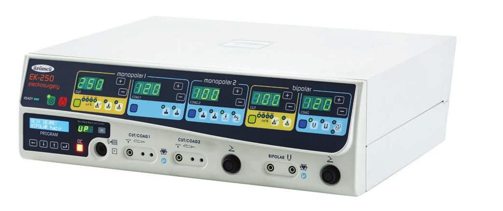 EK-250 ELECTROSURGICAL DEVICES Suitable for Synchronized Use of Two Surgeons Adjustable Power and Sound Level Bipolar Cutting Turkish and English Language Options Active Electrode Monitoring System