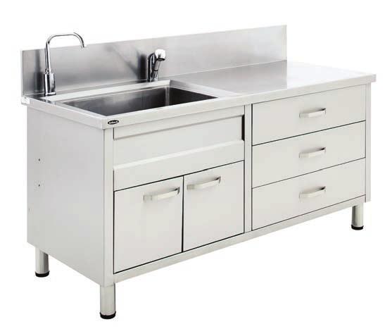 two separate faucets Cabinet with double doors and three drawers Baby scale and mattress Baby washing sink with