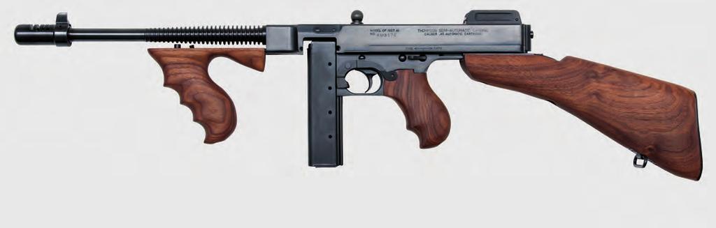 Thompson design made famous during the 1920 s in the hands of gangsters and G-men. The operation is semi-auto, fires from a closed bolt and the barrel is 10.5 long.