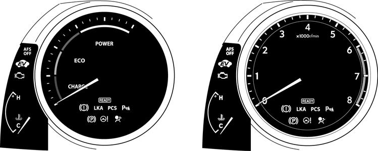 A switchable gauge in the instrument cluster showing either a hybrid system indicator or a tachometer depending on driving mode.