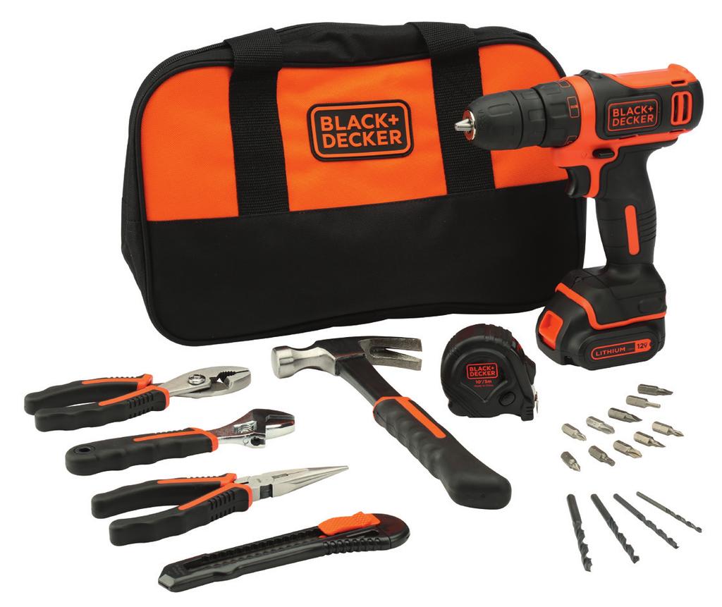 CORDLESS BDCDD12HTSA 10.8V Li-Ion Drill Kit with Storage Bag Features Lithium Ion battery holds over 80% of its charge upto 12 weeks whilst idle.