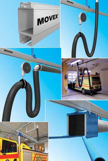 Exhaust rails for rescue vehicles MOVEX exhaust fume rails for emergency vehicles are constructed with load-bearing aluminum profiles and integrated guide rail.