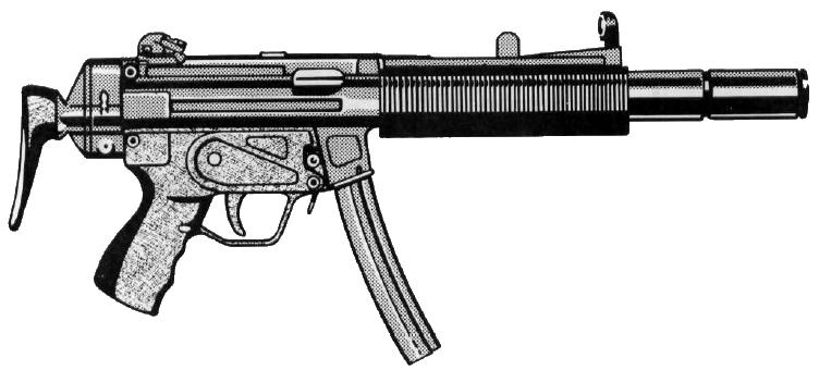 MP-5K The MP-5K (Kurz or short) is an extremely compact version of the MP-5 submachinegun. It has a vertical front grip and no stock. Ammo: 9mm P Wt: 2 kg, 0.2 or 0.