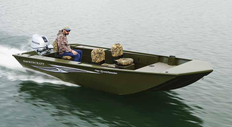 16 & 18 Sportsman S M O K E R C R A F T 16 Sportsman Premium Package: 50 HP Honda or Yamaha 4-Stroke Tiller (2) Fish-On Seats on Storage Boxes (1) Fish-On Seat on 4 Leg Base Bow Anchor Roller