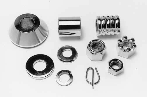 Axle Spacers Front Chrome plated axle spacer kits are available with custom decorative grooved spacers or with smooth spacers.
