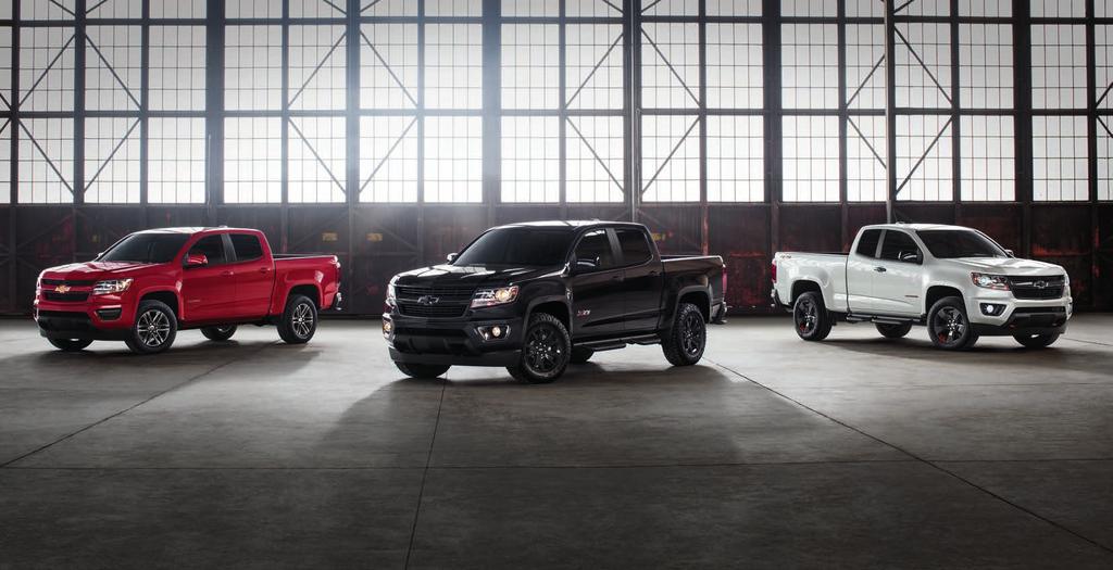 From left: Colorado Crew Cab Short Box WT Custom Special Edition in Red Hot, Colorado Crew Cab Short Box Z71 Midnight Special Edition in Black and Colorado Extended Cab Long Box LT Redline Edition in
