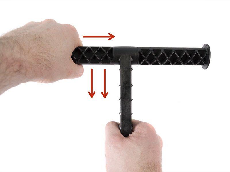 Take the "arm" on the right side, insert it gently in the main part and start to rotate clockwise (away from you). It should take about half the turn to lock the part in place.