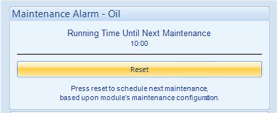 Oil). Pressing the maintenance reset button in the DSE Configuration Suite, Maintenance section.