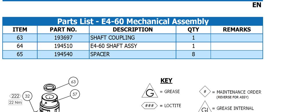 EN Parts List - E4-60 Mechanical Assembly ITEM PART NO.