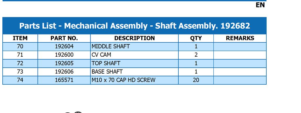 EN Parts List - Mechanical Assembly - Shaft Assembly. 192682 ITEM PART NO.