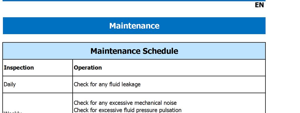 EN Maintenance Maintenance Schedule Inspection Operation Daily Check for any fluid leakage Weekly Check for any excessive mechanical noise Check for excessive fluid pressure pulsation Check oil level