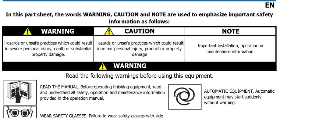 In this part sheet, the words WARNING, CAUTION and NOTE are used to emphasize important safety information as follows: WARNING CAUTION NOTE EN Hazards or unsafe practices which could result in severe