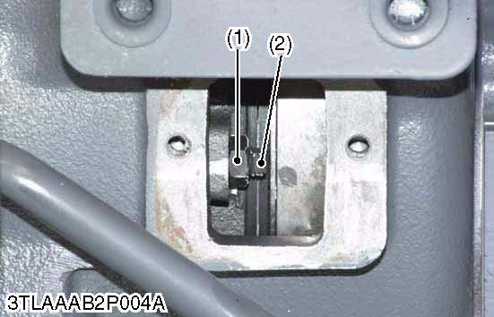 If adjustment is needed, loosen the lock nut (1), and turn the turn buckle (2) to adjust the clutch pedal free travel within factory specification. 4. Retighten the lock nut (1).