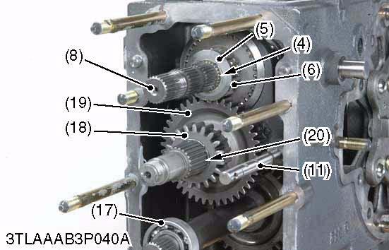 Remove the bearing (17) and external snap ring (20). 6. Take out the 19T gear (18) and 42T gear (19). 7. Remove the 18T gear (6). 8.