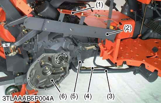 L2800, L3400, WSM BRAKES Rear Fender Support 1. Remove the position control lever guide (1). 2. Remove the rear fender support (2). 3. Remove the suction pipe (3). 4. Remove the brake rod (4). 5.