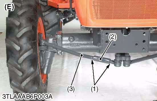 Loosen the tie-rod lock nut (1) and turn the turnbuckle (2) to adjust the tie-lock rod length until the proper toe-in measurement is obtained. 2. Retighten the tie-rod lock nut (1).