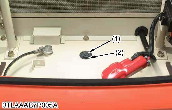 Steering wheel play (A) (Adjusting) Remove the battery. Loosen the lock nut (2) and turn the adjusting screw (1) with a screwdriver to adjust the play (A).