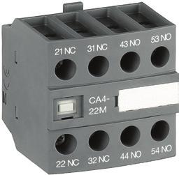 C. lagging contact CAT4 2-pole block, front-mounted, instantaneous N.O. + N.C. contacts with A / coil terminal connection on front face CAL4 2-pole block instantaneous N.O. + N.C. contacts clipped onto the right and/or left side of the contactors.