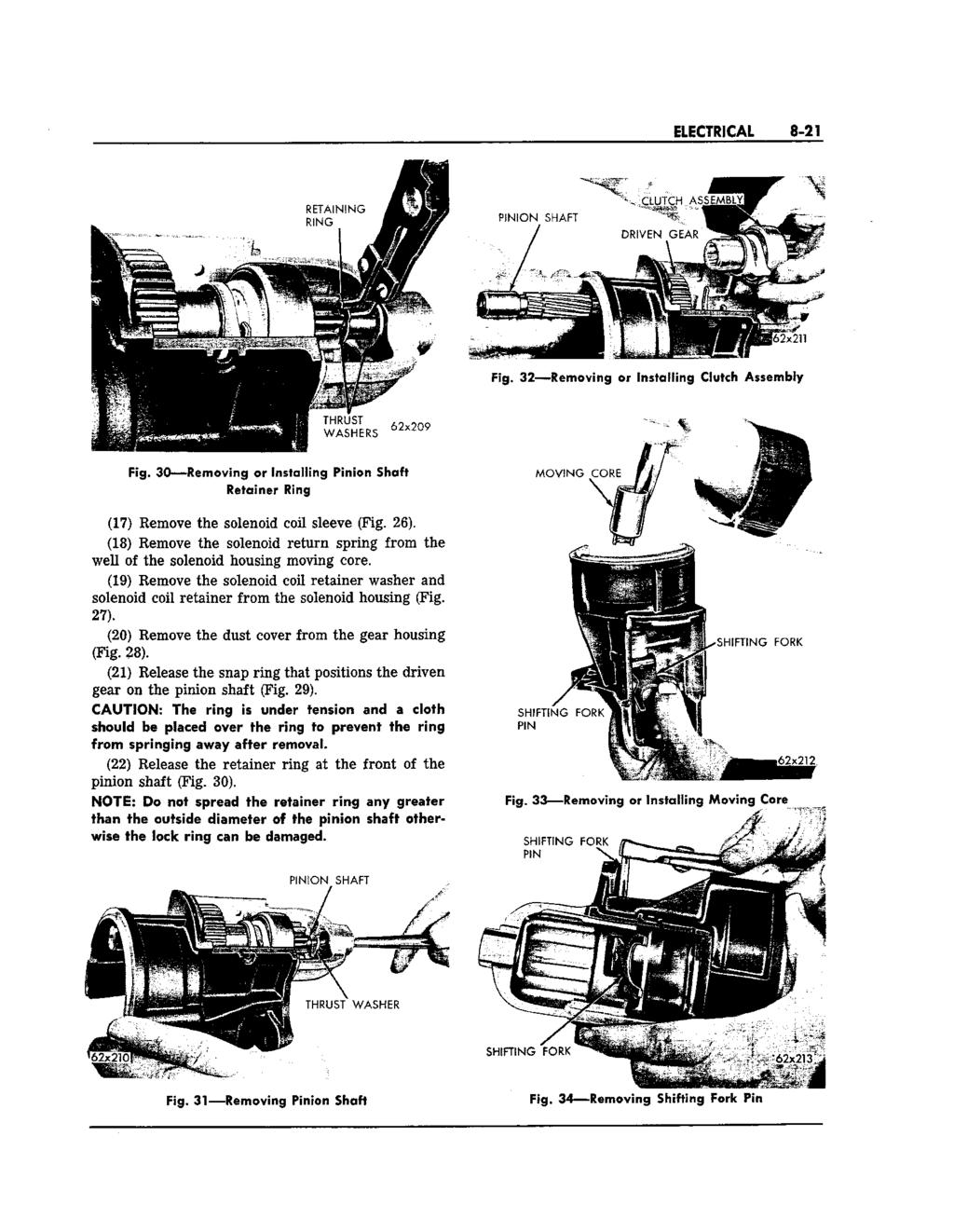 ELECTRICAL 8-21 Fig. 32 Removing or Installing Clutch Assembly Fig. 30 Removing or Installing Pinion Shaft Retainer Ring (17) Remove the solenoid coil sleeve (Fig. 26).