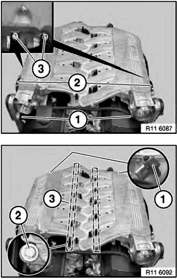 Intake Manifold - Removal Top Diagram Remove plug connections on the throttle assemblies (1). Detach engine vent hoses from pressure control valves (2).