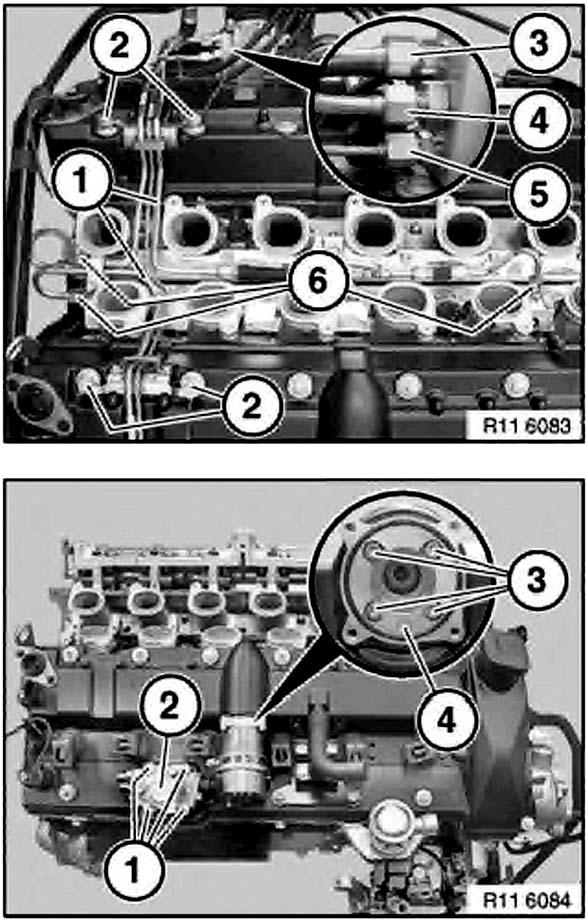 Cylinder Head Cover (right) - Removal Caution: Do not bend any high pressure lines! Top Diagram Detach high pressure lines (1) at mounting points (2). On high pressure pump: Detach feed line (3).