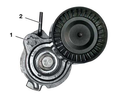 4 rib A/C compressor drive belt KT-9644 To remove the drive belts: The tensioning pulley is pushed back using a Torx tool in the recess provided (1) and fixed in this position by inserting a locking