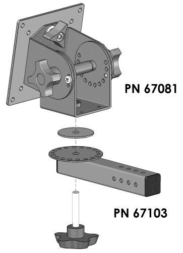 The plate has a 5/16 ID center hole for insertion of the shaft of a five point hand knob to secure the pan position.