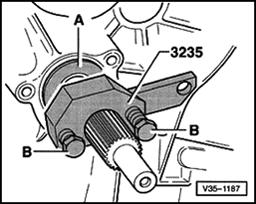 Page 26 of 27 34-66 - Install rear circlip (arrow) for ball bearing onto input shaft. - Slide ball bearing onto input shaft. Closed side of ball cage faces toward transmission housing.