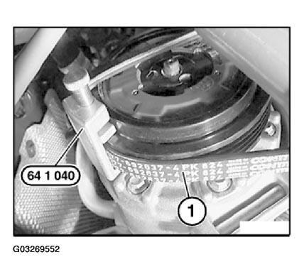 Fig. 235: Installing Special Tool On Drive Belt Crank engine at central bolt in direction of rotation until drive belt is fully
