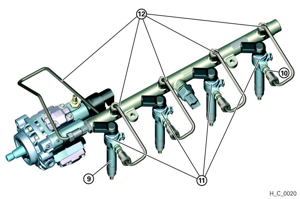 B Diagnostics Fig. B - 2 Overview of the main components Do not disassemble the injector (9). Do not disconnect the high-pressure connection (10). Do not unscrew the nut (11).