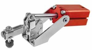 Pneumatic toggle clamp No. 6820M Pneumatic toggle clamp with horizontalcylinder attachment. Fitted with pneumatic cylinder, double-acting, red anodised. Magnetic piston for end-position monitoring.